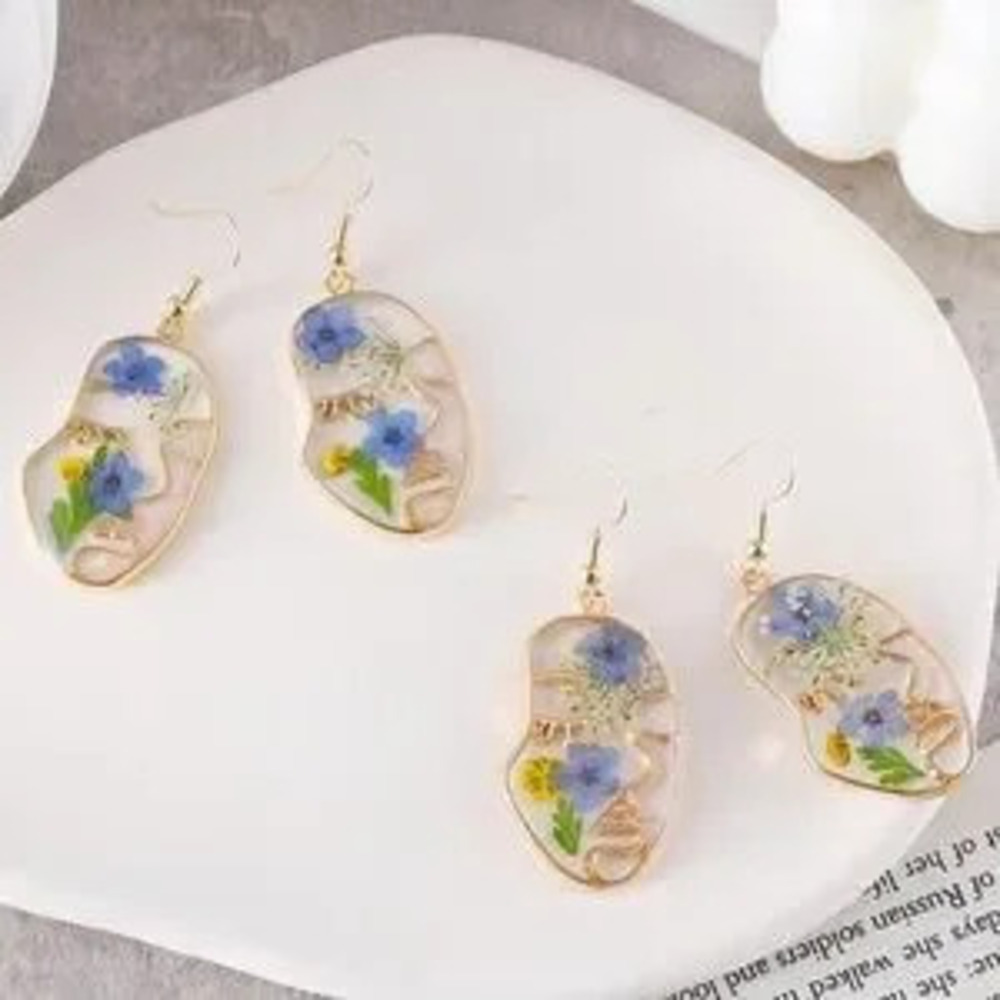 Bohemian Wildflower Teardrop Resin Earrings Handmade Gold Geometric Earrings